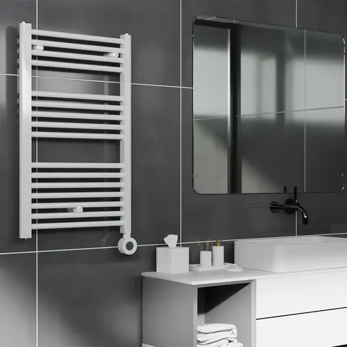 Masterwatt 300100020 Calor v2 elektrische badkamerradiator olie-/vloeistof gevuld 500 Watt staal wit IP44 met schakelklok