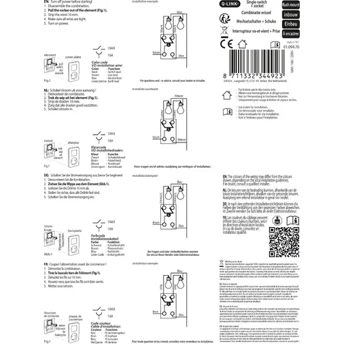 Q-Link 01.094.70 inbouw combinatie wandcontactdoos-serieschakelaar zonder randaarde zwart mat