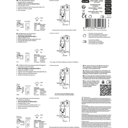 Q-Link 01.094.69 inbouw combinatie wandcontactdoos-serieschakelaar met randaarde zwart mat
