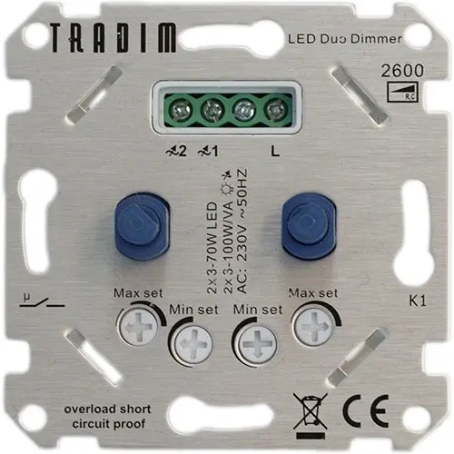 Tradim 2600 duo dimmer standaard voor LED 2x 3-100 Watt OP=OP