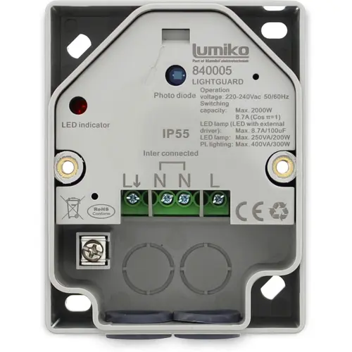Klemko LIGHTGUARD Lumiko 840005 schemerschakelaar opbouw 230V 8,7A lux instelbaar ingebouwde lichtsensor IP55 grijs