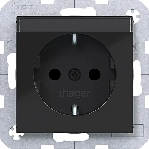 Hager Berker WAS1201BG wandcontactdoos randaarde Safety Plus met tekstveld A1/A8/C1/C8 nachtzwart glans