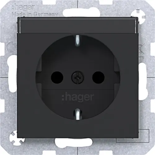 Hager Berker WAS1201BM wandcontactdoos randaarde Safety Plus met tekstveld A1/A8/C1/C8 nachtzwart mat