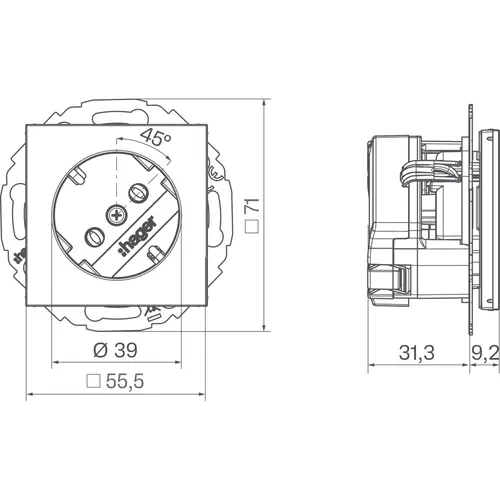 Hager Berker WAS1105WG wandcontactdoos randaarde 45 graden gedraaid A1/A8/C1/C8 lichtwit glans