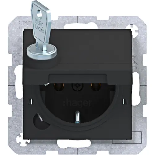 Hager Berker WAS1115BM wandcontactdoos randaarde met klapdeksel en slot A1/A8/C1/C8 nachtzwart mat