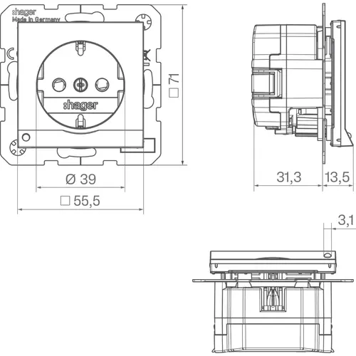Hager Berker WAS1462WM wandcontactdoos randaarde Safety Plus met LED-orientatielicht A1/A8/C1/C8 lichtwit mat