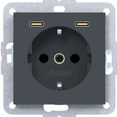 Hager Berker WAS4055AT wandcontactdoos randaarde met 2x USB-C A1/A8/C1/C8 antraciet mat
