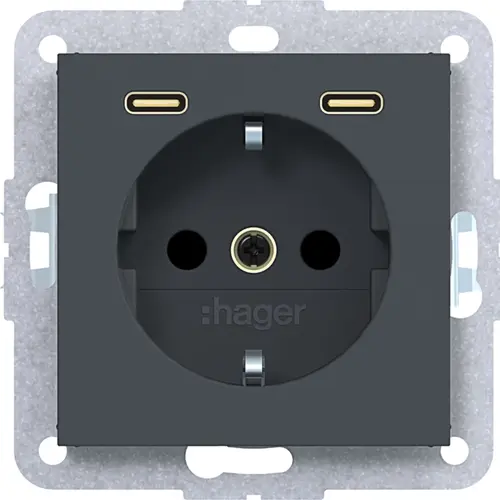 Hager Berker WAS4055AT wandcontactdoos randaarde met 2x USB-C A1/A8/C1/C8 antraciet mat