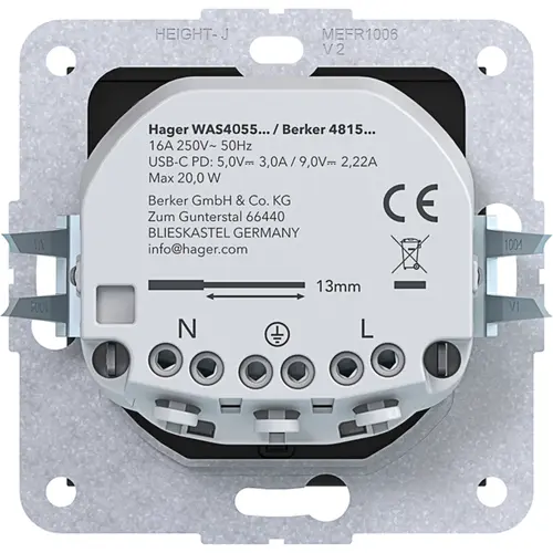 Hager Berker WAS4055AT wandcontactdoos randaarde met 2x USB-C A1/A8/C1/C8 antraciet mat