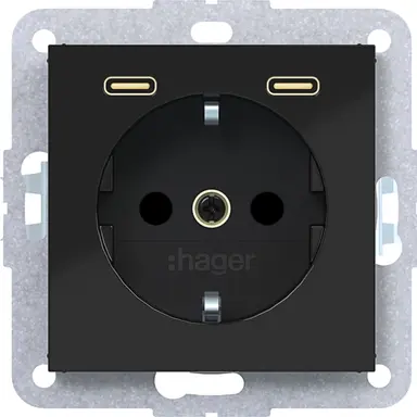 Hager Berker WAS4055BG wandcontactdoos randaarde met 2x USB-C A1/A8/C1/C8 nachtzwart glans