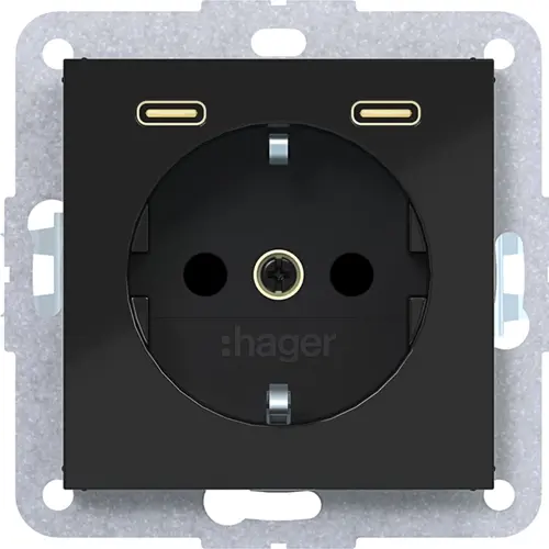 Hager Berker WAS4055BG wandcontactdoos randaarde met 2x USB-C A1/A8/C1/C8 nachtzwart glans