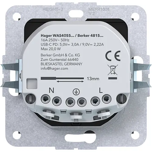 Hager Berker WAS4055BG wandcontactdoos randaarde met 2x USB-C A1/A8/C1/C8 nachtzwart glans