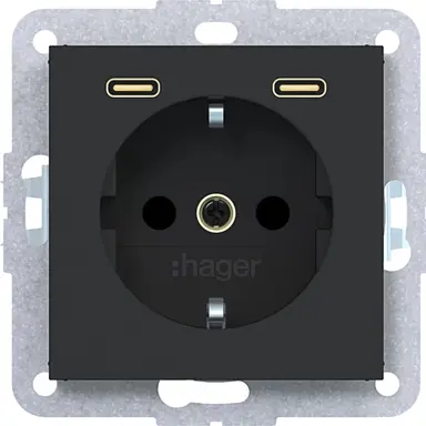 Hager Berker WAS4055BM wandcontactdoos randaarde met 2x USB-C A1/A8/C1/C8 nachtzwart mat