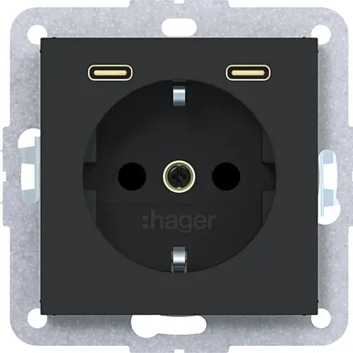 Hager Berker WAS4055BM wandcontactdoos randaarde met 2x USB-C A1/A8/C1/C8 nachtzwart mat
