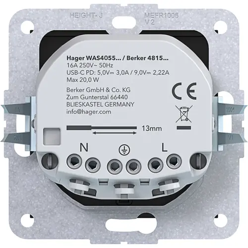 Hager Berker WAS4055BM wandcontactdoos randaarde met 2x USB-C A1/A8/C1/C8 nachtzwart mat