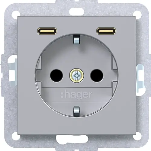 Hager Berker WAS4055TA wandcontactdoos randaarde met 2x USB-C A1/A8/C1/C8 titaan