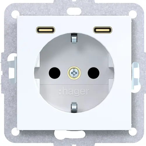 Hager Berker WAS4055WG wandcontactdoos randaarde met 2x USB-C A1/A8/C1/C8 lichtwit glans