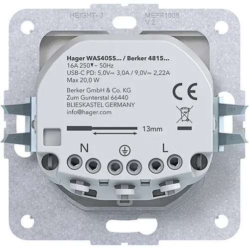 Hager Berker WAS4055WG wandcontactdoos randaarde met 2x USB-C A1/A8/C1/C8 lichtwit glans