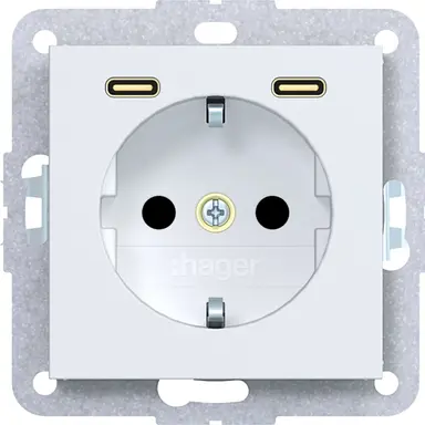 Hager Berker WAS4055WM wandcontactdoos randaarde met 2x USB-C A1/A8/C1/C8 lichtwit mat
