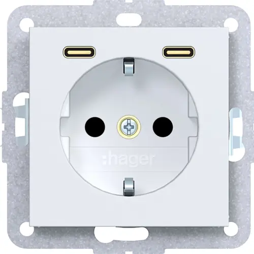 Hager Berker WAS4055WM wandcontactdoos randaarde met 2x USB-C A1/A8/C1/C8 lichtwit mat