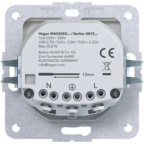 Hager Berker WAS4055WM wandcontactdoos randaarde met 2x USB-C A1/A8/C1/C8 lichtwit mat
