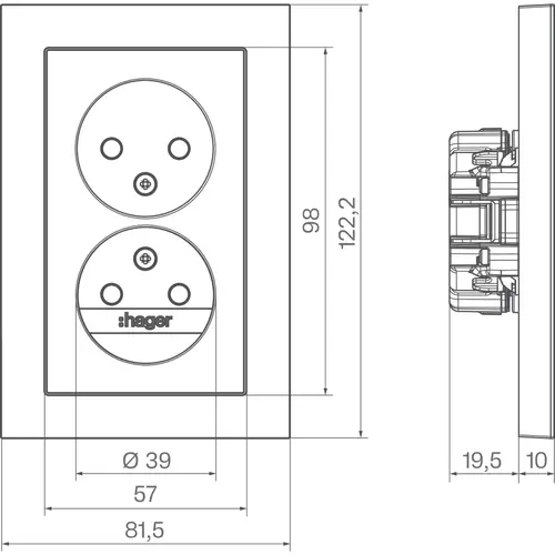 Hager Berker WAS5470WM wandcontactdoos 2-voudig zonder randaarde Safety Plus voor enkele inbouwdoos A1 lichtwit mat