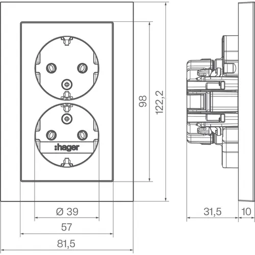 Hager Berker WAS2170BG wandcontactdoos 2-voudig randaarde voor ovale 1,5 inbouwdoos A1 nachtzwart glans