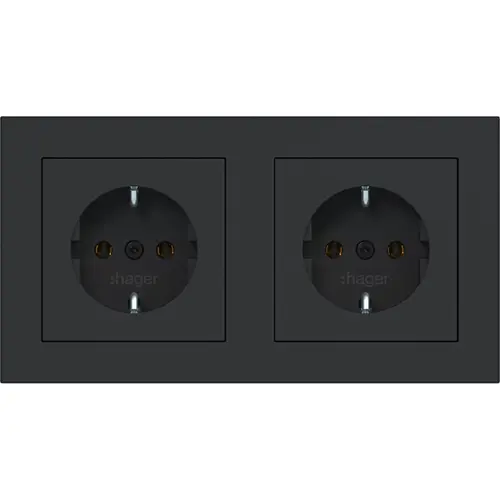 Hager Berker WAS2123BM wandcontactdoos 2-voudig met randaarde voorbedraad voor duo-inbouwdoos A1 nachtzwart mat
