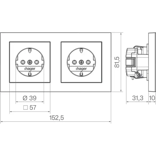 Hager Berker WAS2123BM wandcontactdoos 2-voudig randaarde voorbedraad voor duo-inbouwdoos A1 nachtzwart mat