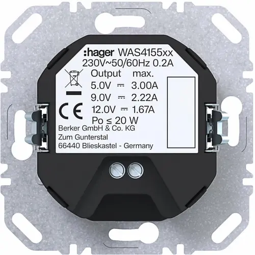Hager Berker WAS4155BM USB-lader met 2x USB-C zwart