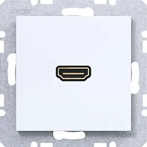 Hager Berker WAF4380WG HDMI-contactdoos met 90gr. stekkeraansluiting A1/A8/C1/C8 lichtwit glans