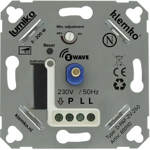 Klemko D-PAF-ZV-250 Lumiko 891110 universele draaidimmer LED Z-wave RC 3-200W aluminium