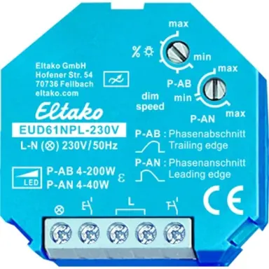 Eltako EUD61NPL-230V inbouw LED-dimmer zonder nuldraad dimbaar 200W universeel faseaansnijding faseafsnijding