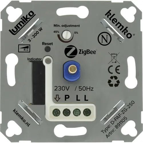 Klemko D-PAF-ZG-250 Lumiko 891105 universele draaidimmer LED Zigbee RC 3-200W aluminium