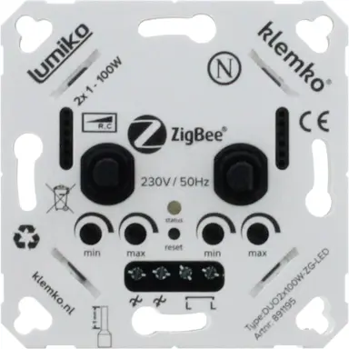 Klemko DUO-2X100W-ZG-LED Lumiko 891195 inbouw LED-dimmer draai/drukknop RC 2x100W Zigbee aluminium