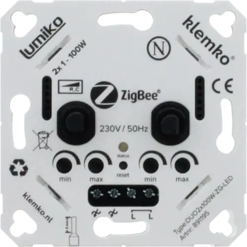 Klemko DUO-2X100W-ZG-LED Lumiko 891195 inbouw LED-dimmer draai/drukknop RC 2x100W Zigbee aluminium