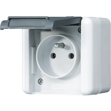 JUNG 821 FKIW wandcontactdoos met aardingspen Frans-Belgisch systeem opbouw IP44 WG800