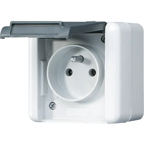 JUNG 821 FKIW wandcontactdoos met aardingspen Frans-Belgisch systeem opbouw IP44 WG800