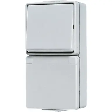 JUNG 676 W combinatie wisselschakelaar / wandcontactdoos randaarde opbouw IP44 WG600