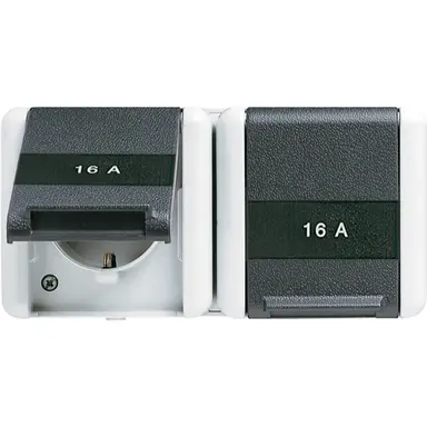 JUNG 8220 KINAW wandcontactdoos 16A 2-voudig randaarde Safety+ opbouw IP44 horizontaal WG800