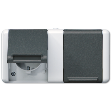 JUNG 8220-1 W wandcontactdoos 2-voudig randaarde opbouw met midden afdekking IP44 horizontaal WG800