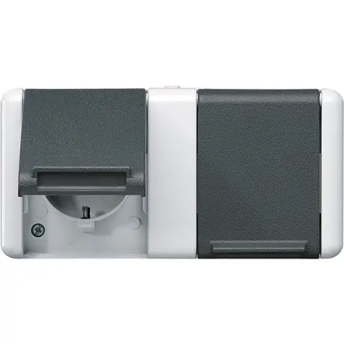 JUNG 8220-1 W wandcontactdoos 2-voudig randaarde opbouw met midden afdekking IP44 horizontaal WG800