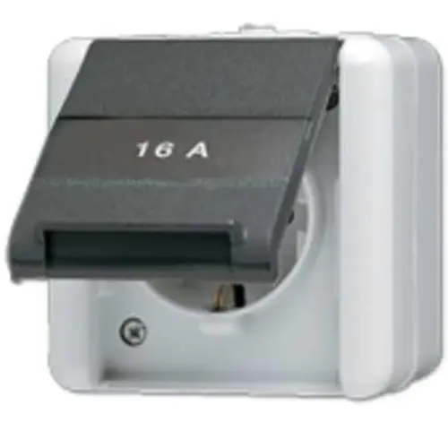 JUNG 820 KINAW wandcontactdoos randaarde Safety+ 16A 1-voudig tekstvenster opbouw IP44 WG800