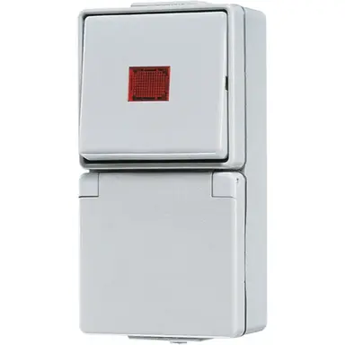 JUNG 676 KOW combinatie wisselschakelaar /wandcontactdoos randaarde met controleverlichting opbouw IP44 WG600