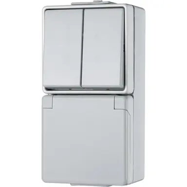 JUNG 675 W combinatie serieschakelaar/wandcontactdoos randaarde dubbele wip opbouw IP44 WG600