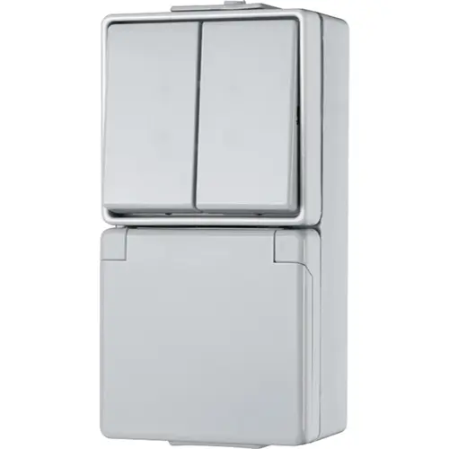 JUNG 675 W combinatie serieschakelaar/wandcontactdoos randaarde dubbele wip opbouw IP44 WG600