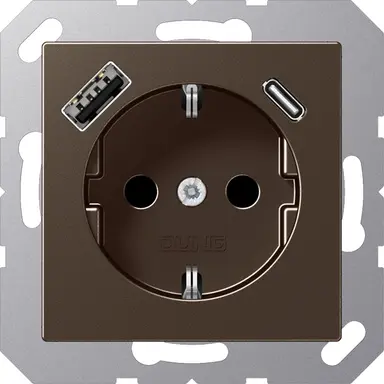 JUNG A 1520-15 CA MO wandcontactdoos randaarde Safety+ met USB type A en C A-range mokka