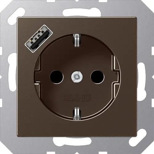 JUNG A 1520-18 A MO wandcontactdoos randaarde Safety+ met USB-A A-range mokka