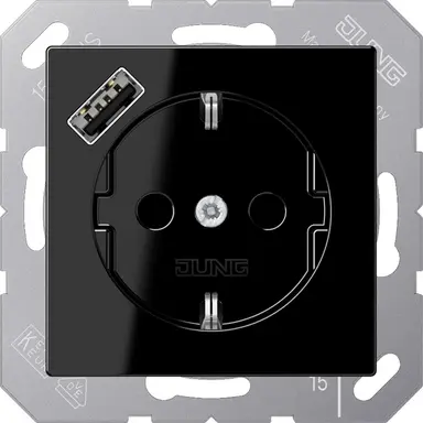 JUNG A 1520-18 A SW wandcontactdoos randaarde Safety+ met USB-A A-range zwart glans