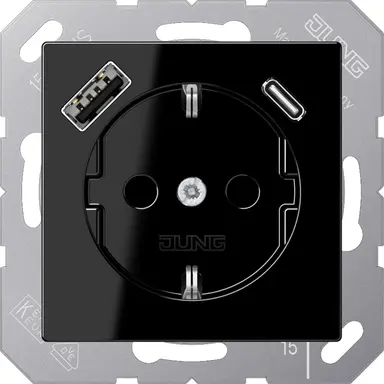JUNG A 1520-15 CA SW wandcontactdoos randaarde Safety+ met USB type A en C A-range zwart glans